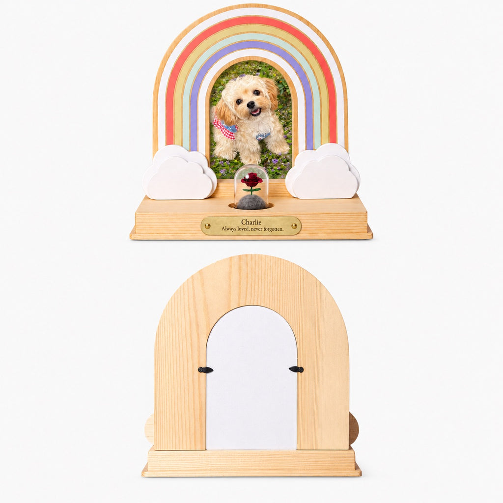 Front and back views of the Rainbow Bridge pet memorial with portrait holder and rotating tabs
