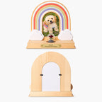 Front and back views of the Rainbow Bridge pet memorial with portrait holder and rotating tabs