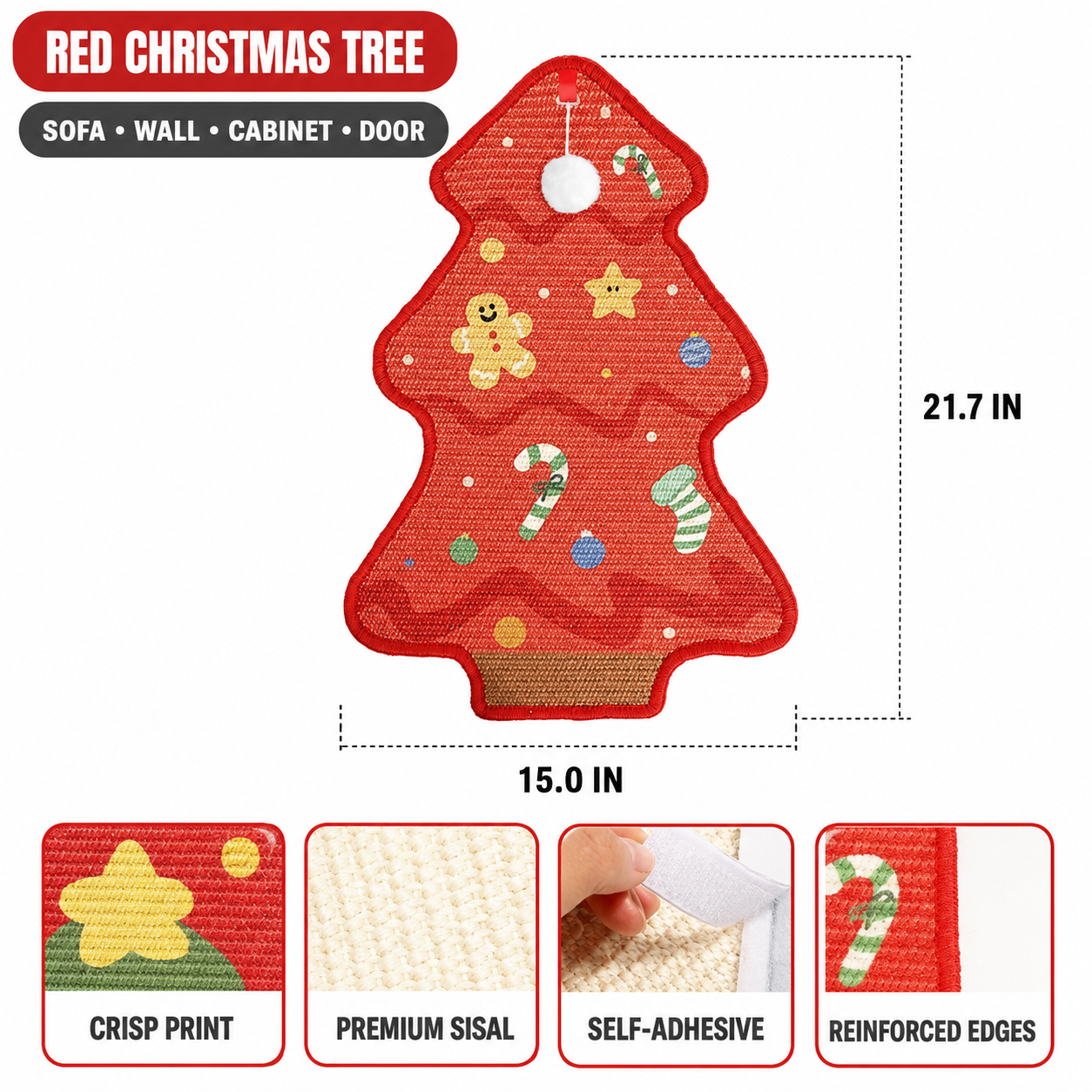 An infographic size chart for the red Christmas tree cat scratcher, showing dimensions of 21.7 inches height by 15.0 inches width, labeled for use on sofa, wall, cabinet, and door.
