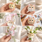 Six-panel collage of golden and pale cat head portraits held in hands and displayed with flowers and ribbons