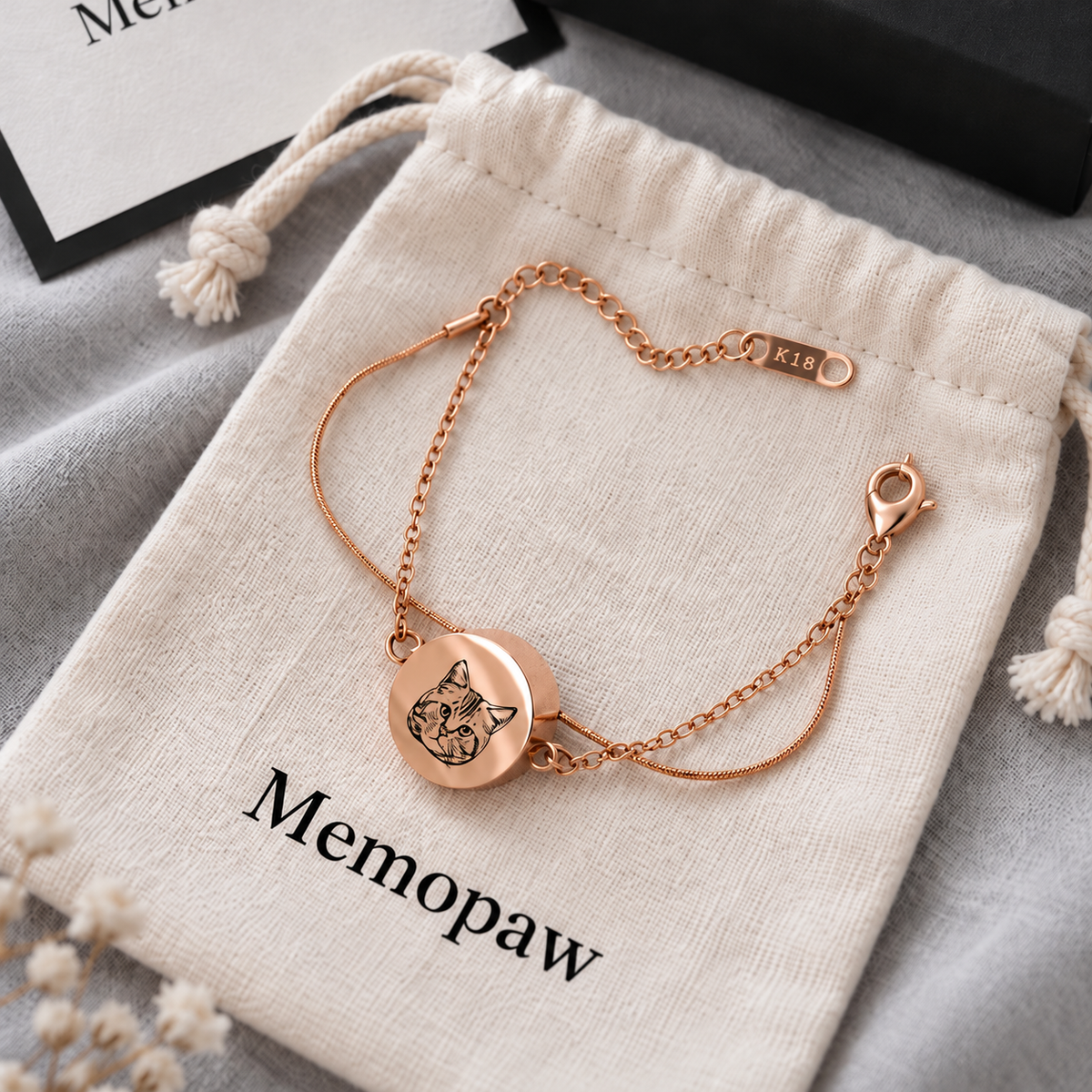 Rose gold double-chain cat portrait bracelet displayed on a neutral fabric pouch