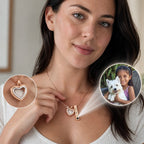 Woman wearing a rose gold personalized photo projection urn necklace with a custom engraved bar and transparent heart pendant, shown with a detailed close-up inset