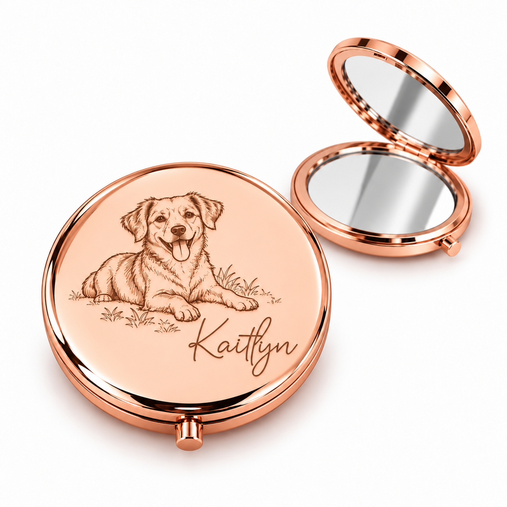 Rose gold-tone compact mirror engraved with a Retriever portrait and the name Kaitlyn beside an open compact
