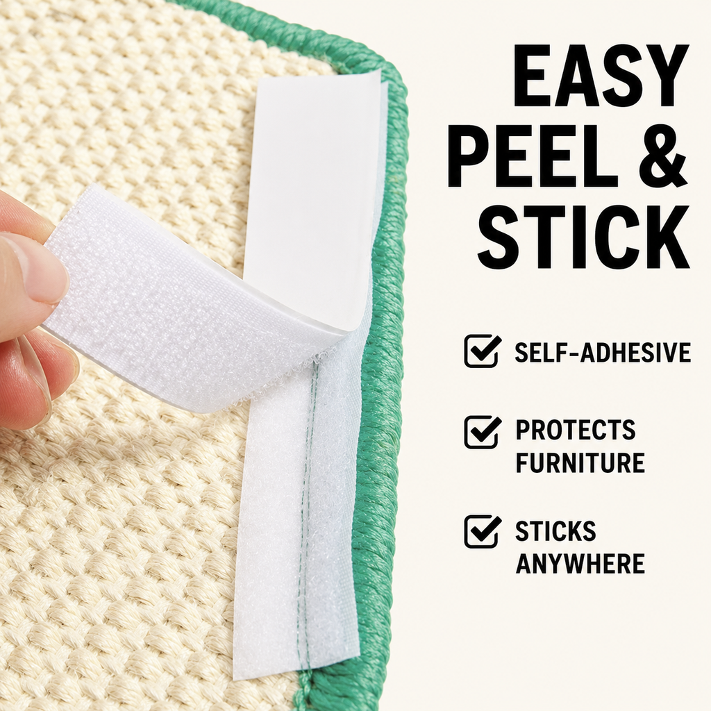 An infographic showing a close-up of the easy peel and stick self-adhesive backing of a no-drilling wall-mounted cat scratcher, designed as a furniture protector that sticks anywhere.