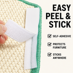 An infographic showing a close-up of the easy peel and stick self-adhesive backing of a no-drilling wall-mounted cat scratcher, designed as a furniture protector that sticks anywhere.