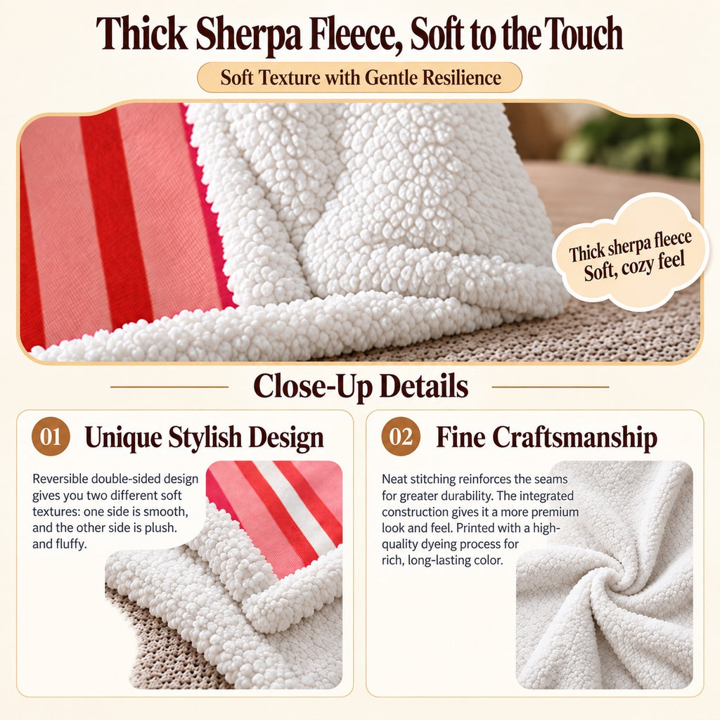 Sherpa blanket detail graphic showing the printed flannel front, white fleece reverse and stitched edge