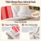 Sherpa blanket detail graphic showing the printed flannel front, white fleece reverse and stitched edge