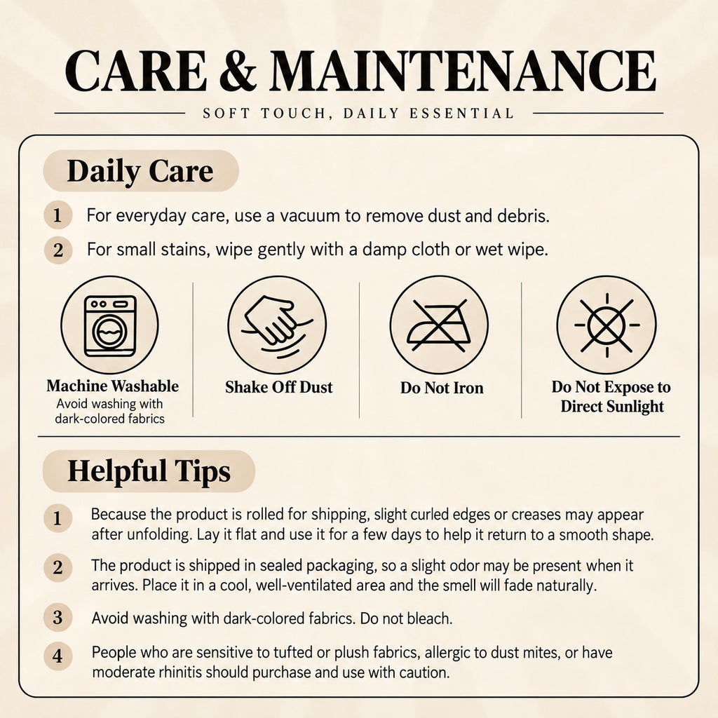 Sherpa blanket care guide showing machine washing, no ironing, no direct sunlight and unpacking advice