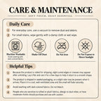 Sherpa blanket care guide showing machine washing, no ironing, no direct sunlight and unpacking advice