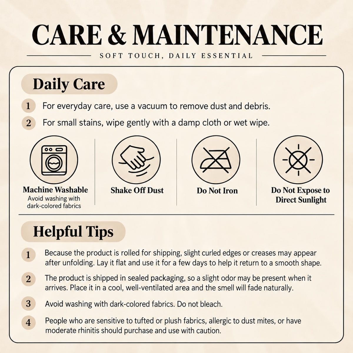 Sherpa blanket care guide showing machine washing, no ironing, no direct sunlight and unpacking advice