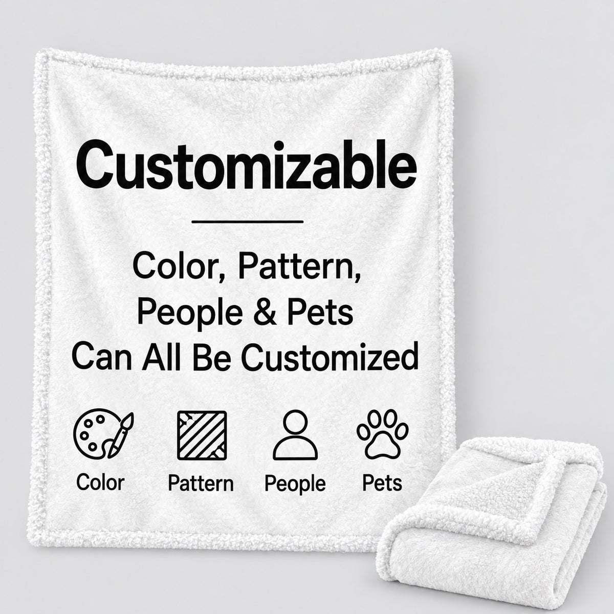 Sherpa blanket customization graphic listing colors, patterns, people and pets