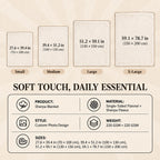 Sherpa blanket size chart showing four sizes from 70 by 100 to 150 by 200 cm and 220 plus 220 GSM layers