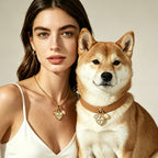 A woman and her Shiba Inu dog wearing a matching gold jewelry set, featuring a heart-shaped photo locket necklace for the owner and a coordinating brown leather dog collar with a heart charm.
