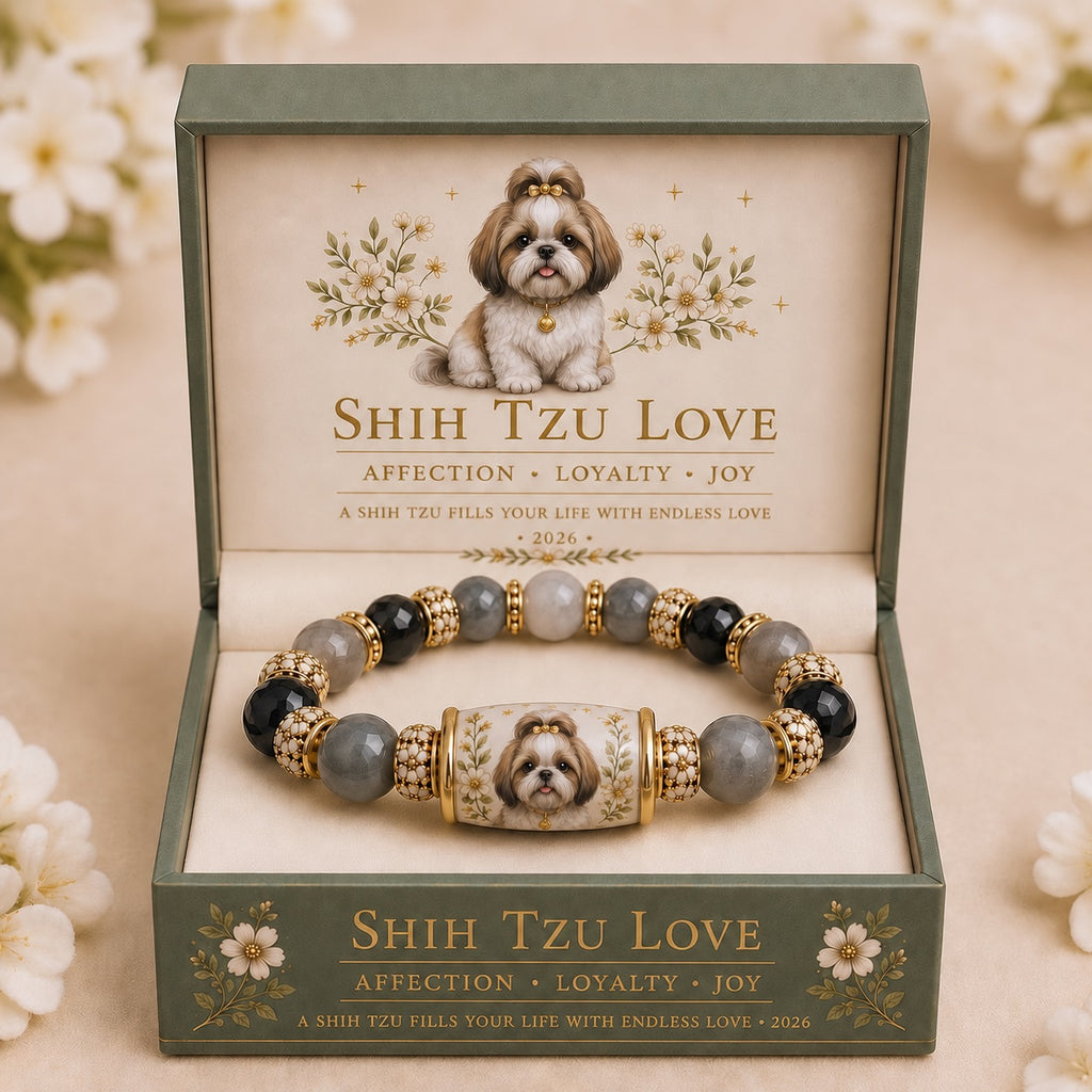 Shih Tzu Love bracelet with black and gray beads displayed in a green floral gift box
