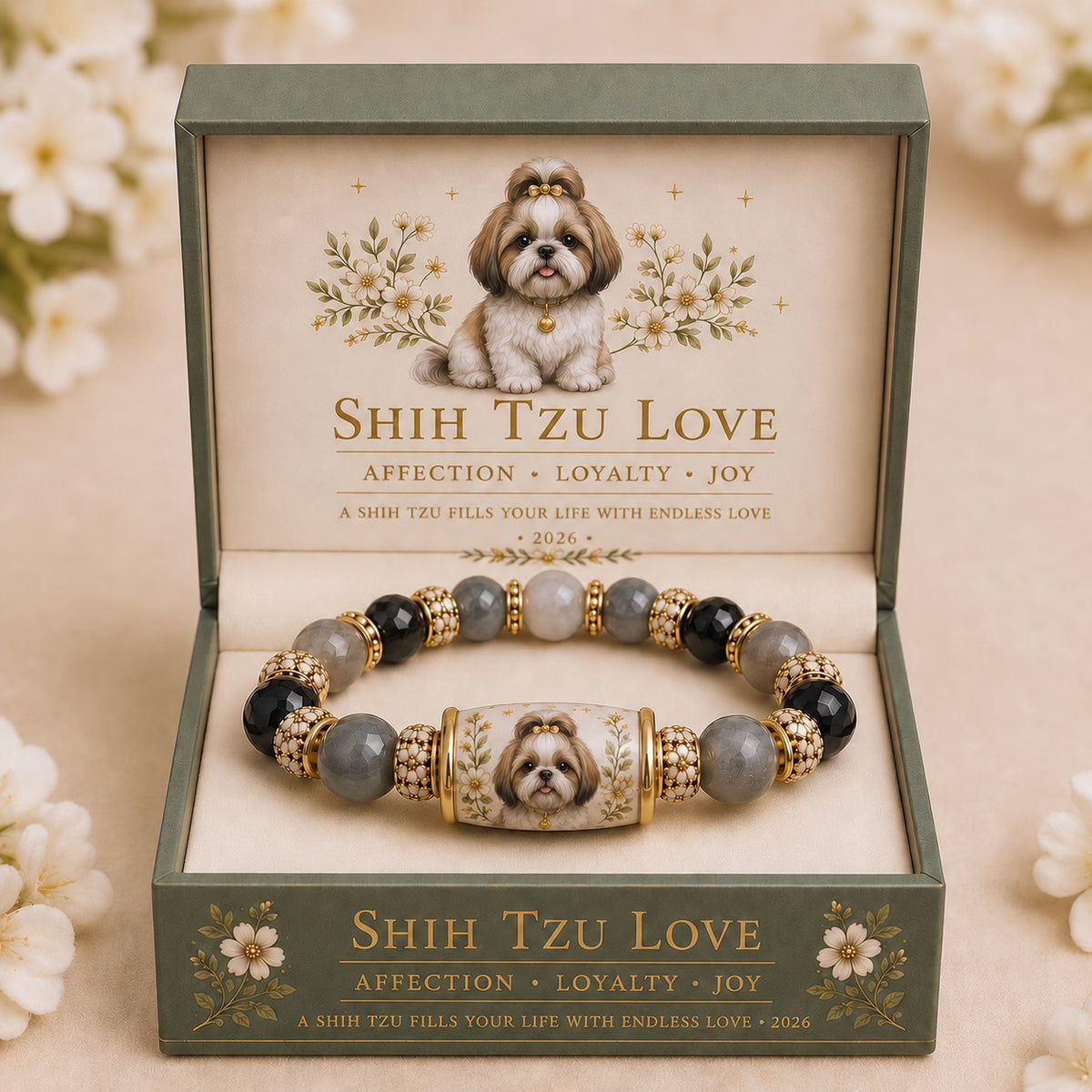 Shih Tzu Love bracelet with black and gray beads displayed in a green floral gift box