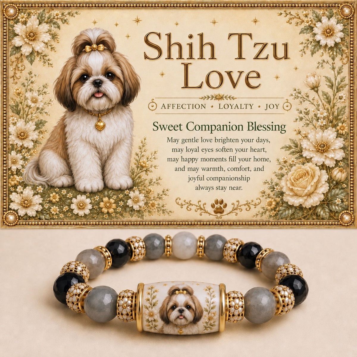 Shih Tzu portrait bracelet with black and gray beads beneath floral Shih Tzu Love artwork