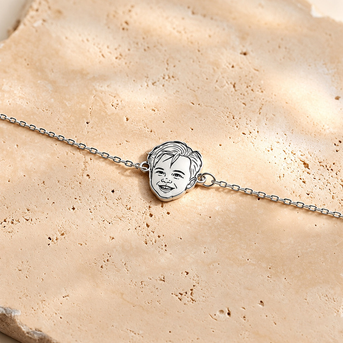 Silver-tone personalized bracelet with a custom child portrait line-art charm