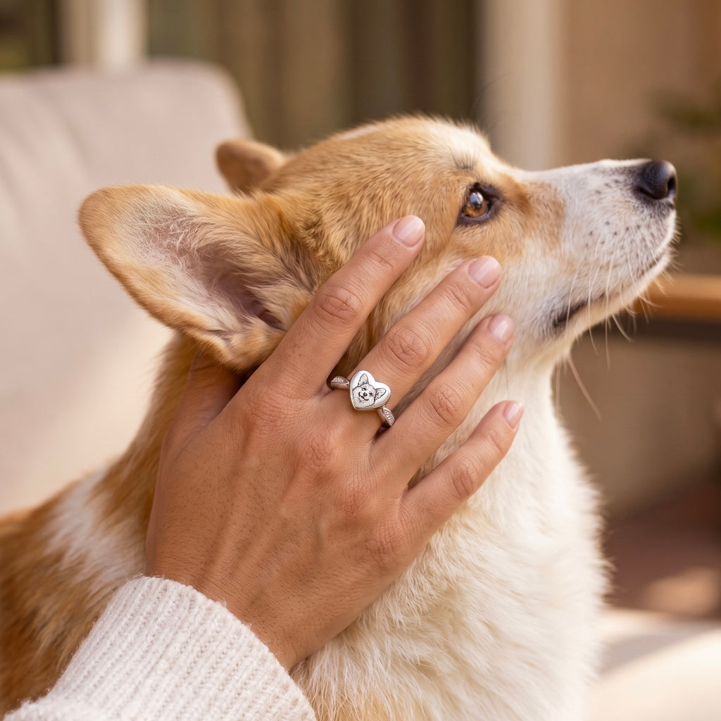Silver personalized Corgi portrait memorial ring worn beside the pet