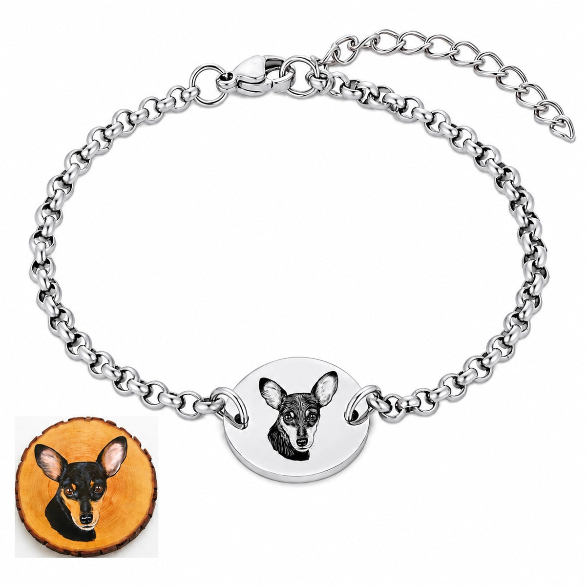 Silver-tone personalized bracelet showing a dog portrait engraving beside the submitted pet photo