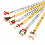 Six personalized Christmas spoon styles in gold-tone and silver-tone finishes with festive hanging charms
