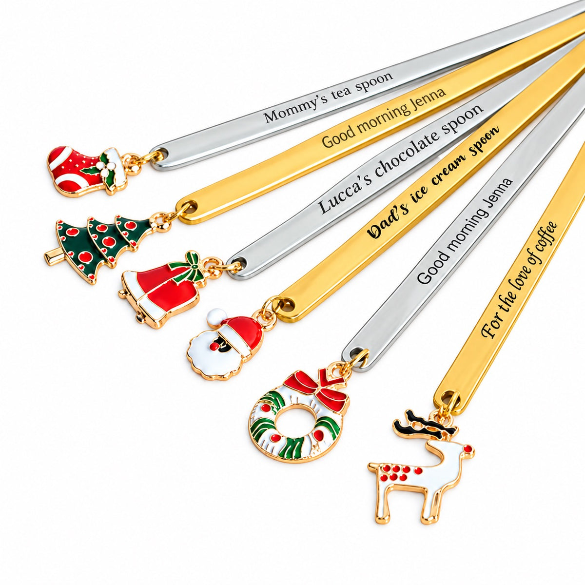 Six personalized Christmas spoon styles in gold-tone and silver-tone finishes with festive hanging charms