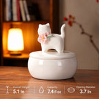 Small floral cat memorial urn size guide showing 5.1 inch overall height, 7.4 fluid ounce volume and 3.7 inch opening diameter