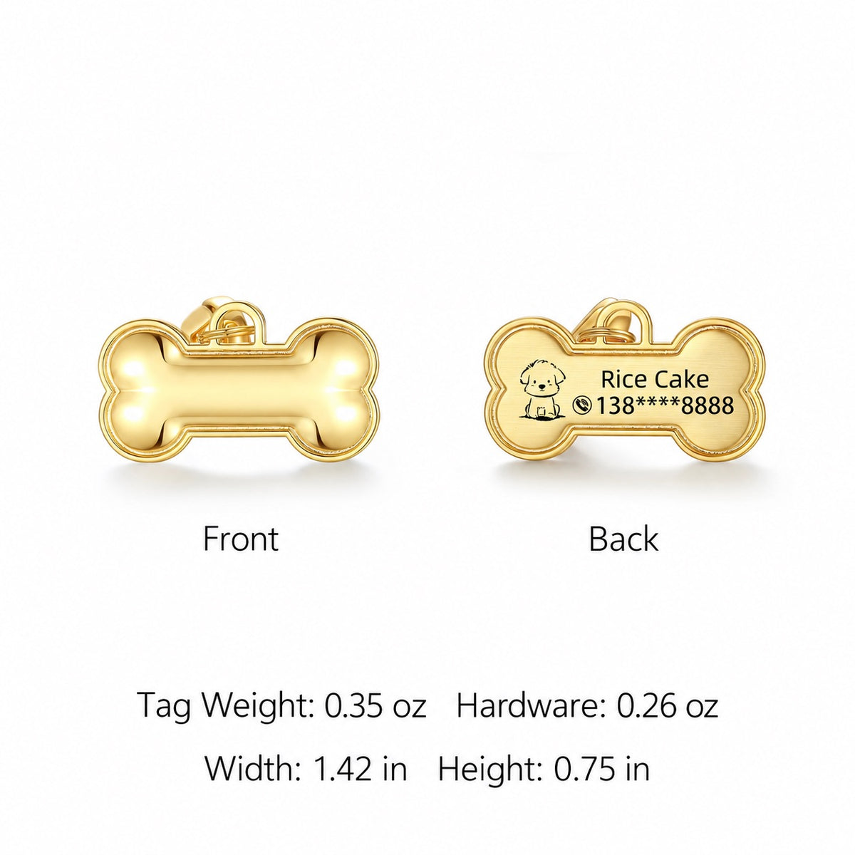 Small gold Cartoon Bone pet ID tag front and back with dog icon, name and contact number