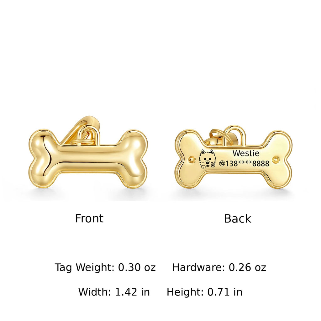 Small gold Classic Bone pet ID tag front and back with pet name, icon and contact number