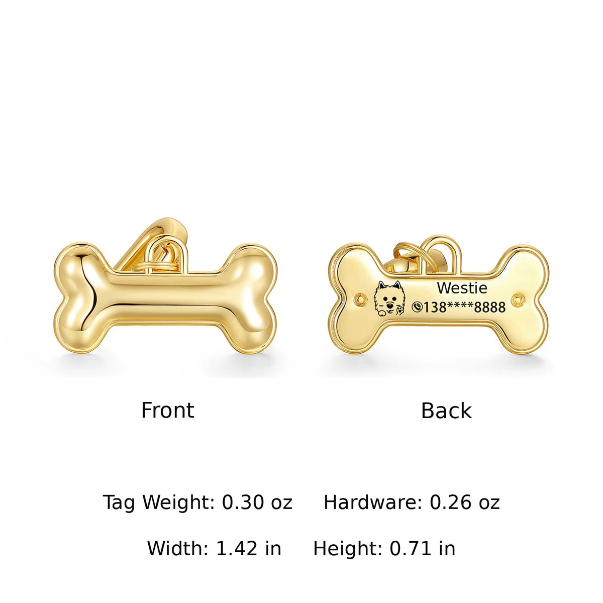 Small gold Classic Bone pet ID tag front and back with pet name, icon and contact number