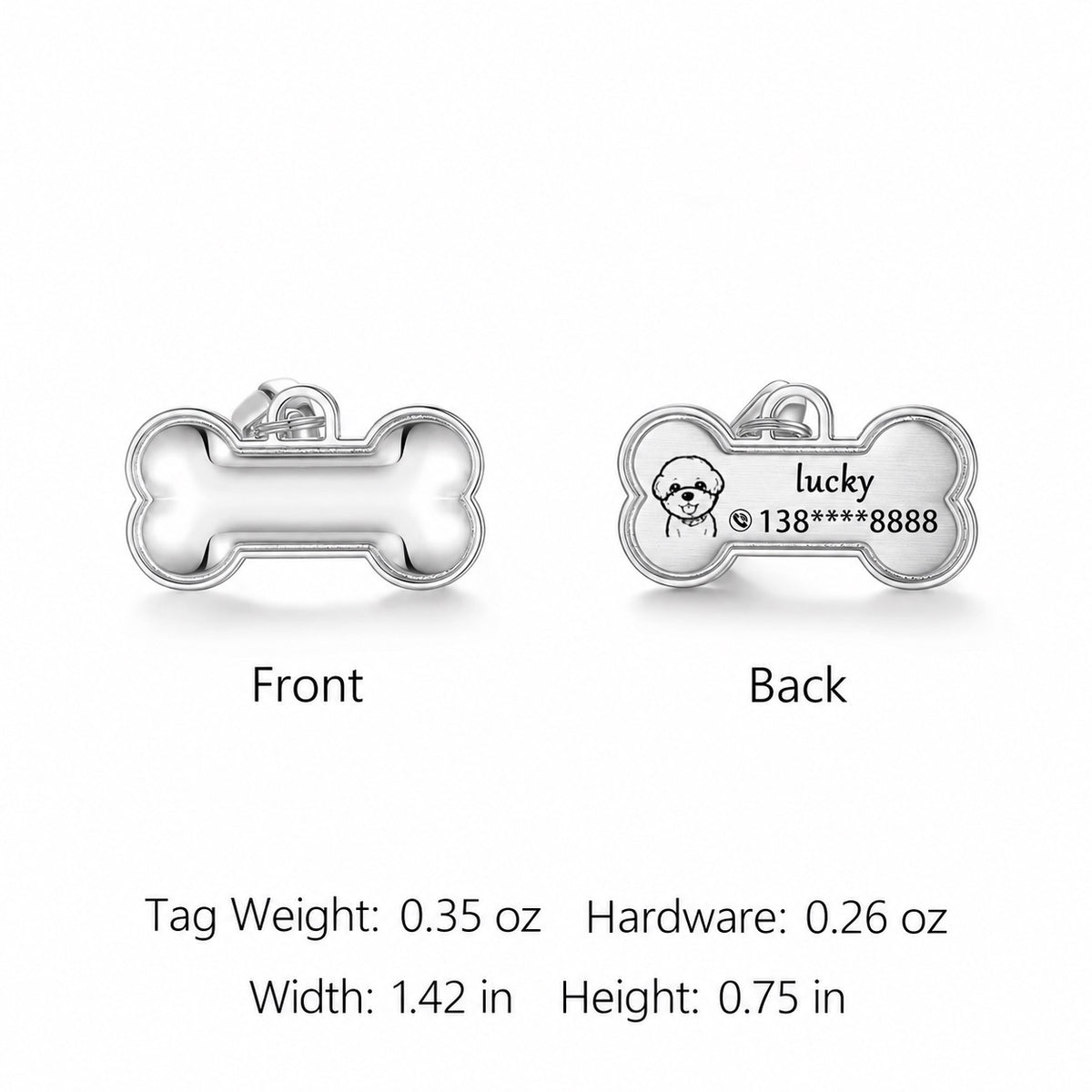 Small silver Cartoon Bone pet ID tag front and back with a simple dog portrait and contact number