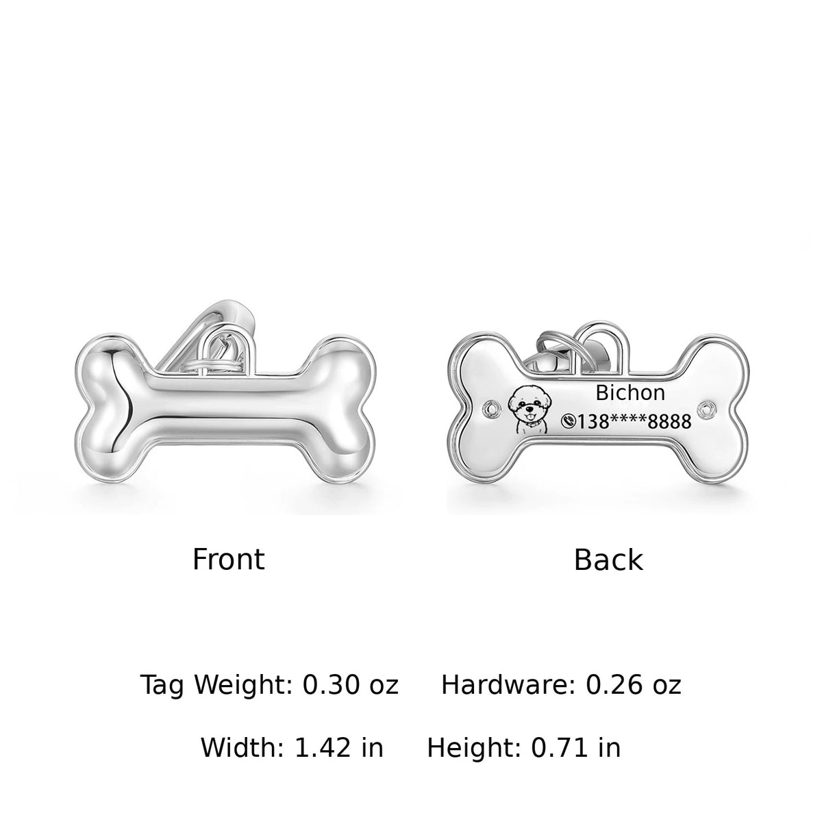 Small silver Classic Bone pet ID tag front and back with pet name, icon and phone number
