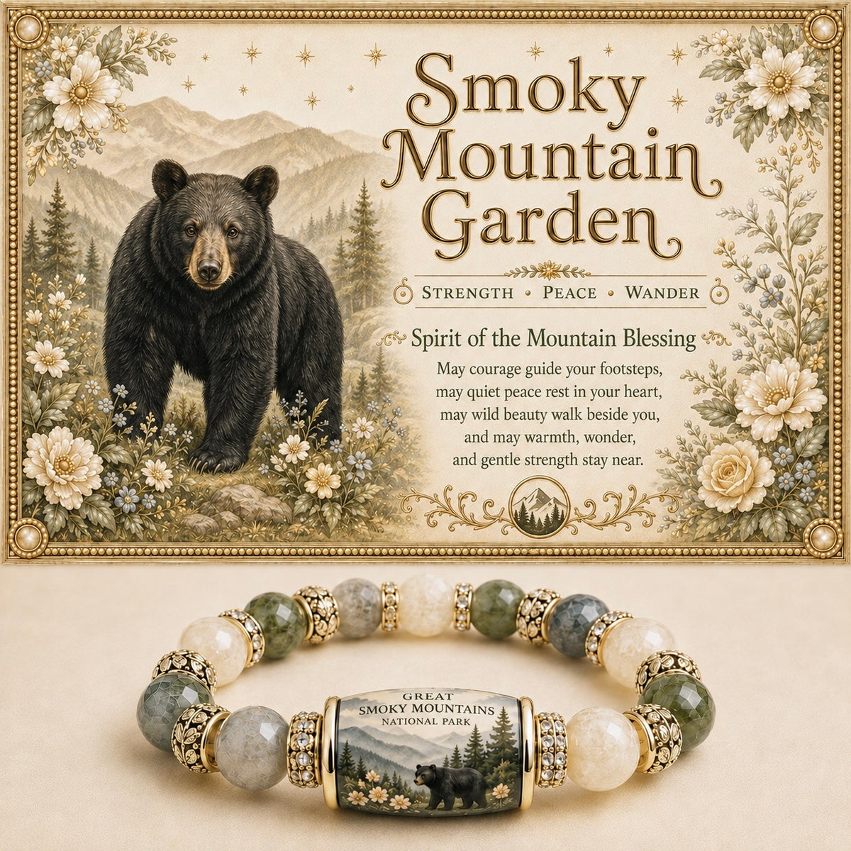 Smoky Mountain bear portrait bracelet with cream, sage and gray beads beneath floral blessing artwork
