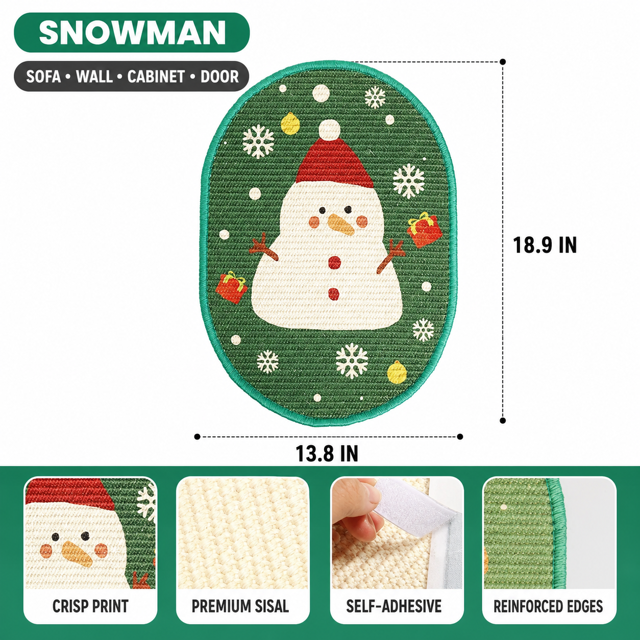 An infographic size chart for the snowman Christmas cat scratcher, showing dimensions of 18.9 inches height by 13.8 inches width, labeled for use on sofa, wall, cabinet, and door.