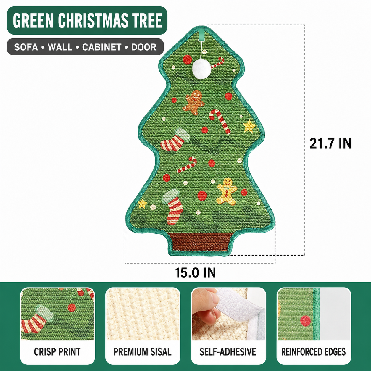 Product specifications for a green snowman holiday cat scratching board featuring snowflake graphics, highlighting its crisp print, premium sisal texture, self-adhesive peel and stick backing, and reinforced edges.
