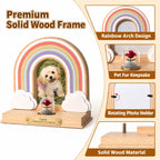 Solid wood Rainbow Bridge pet memorial with photo opening, fur keepsake dome and rotating photo holder