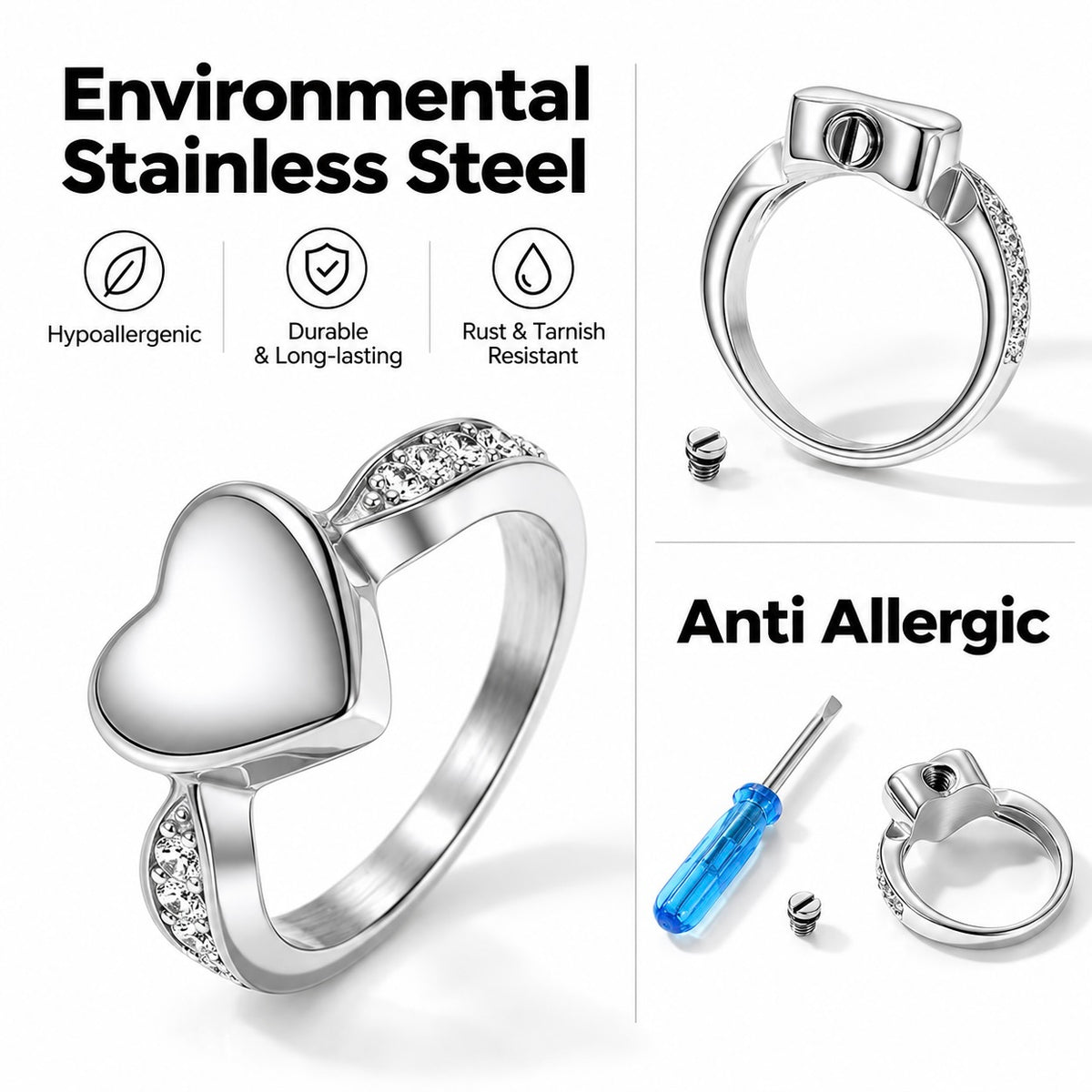 Stainless steel heart memorial ring showing its screw-secured keepsake chamber and small screwdriver