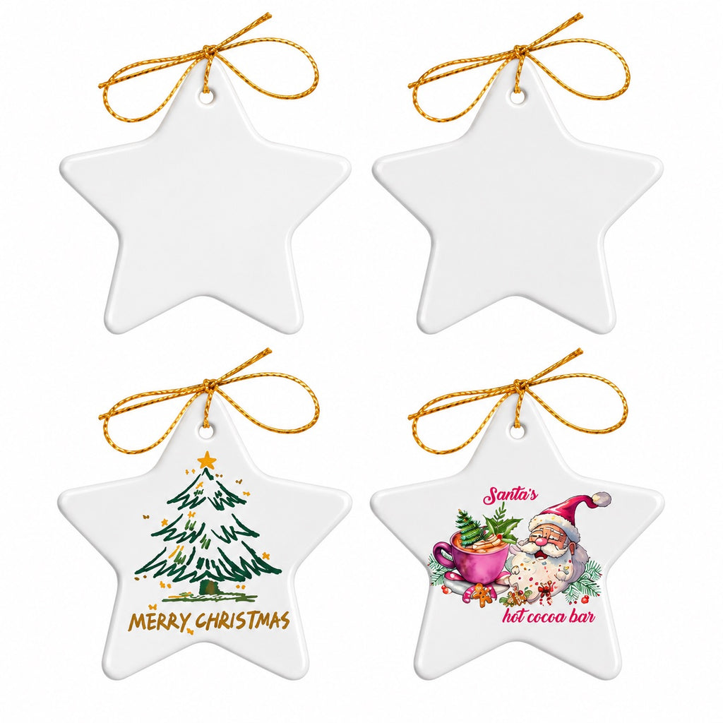 Four views of white star-shaped ceramic ornaments with gold-colored cords, including blank surfaces, a Christmas tree, and Santa artwork