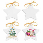 Four views of white star-shaped ceramic ornaments with gold-colored cords, including blank surfaces, a Christmas tree, and Santa artwork