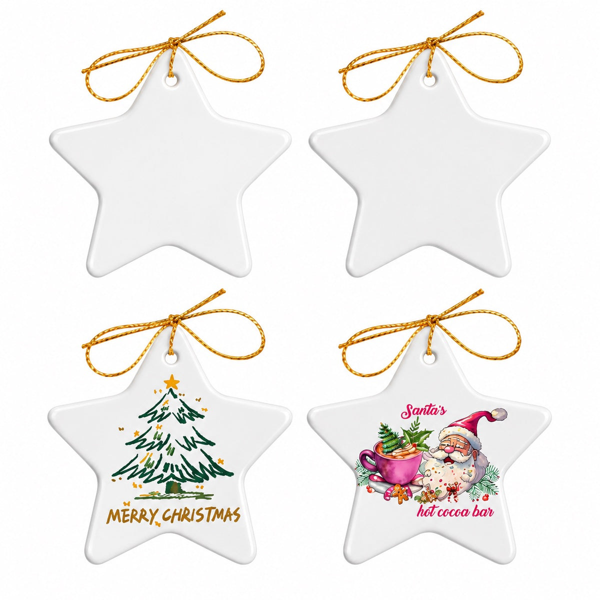 Four views of white star-shaped ceramic ornaments with gold-colored cords, including blank surfaces, a Christmas tree, and Santa artwork