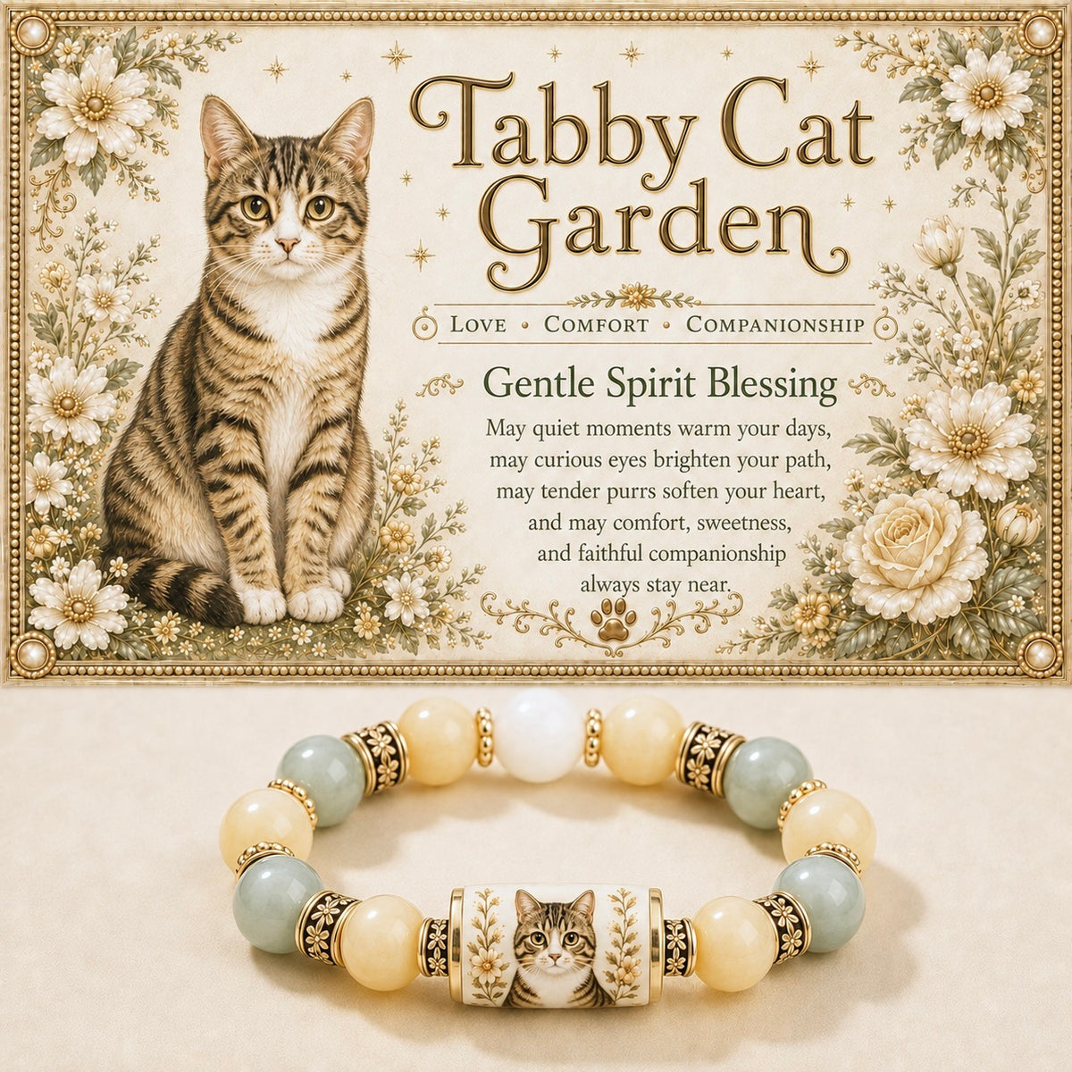 Tabby cat portrait bracelet with yellow, sage and white beads beneath botanical cat artwork