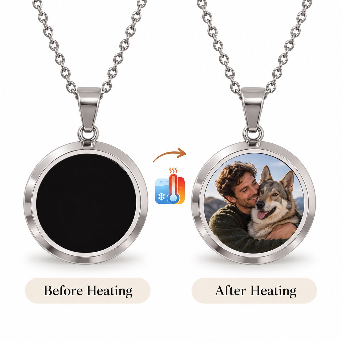 Silver color-changing photo necklace shown black before warming and revealing a pet portrait afterward