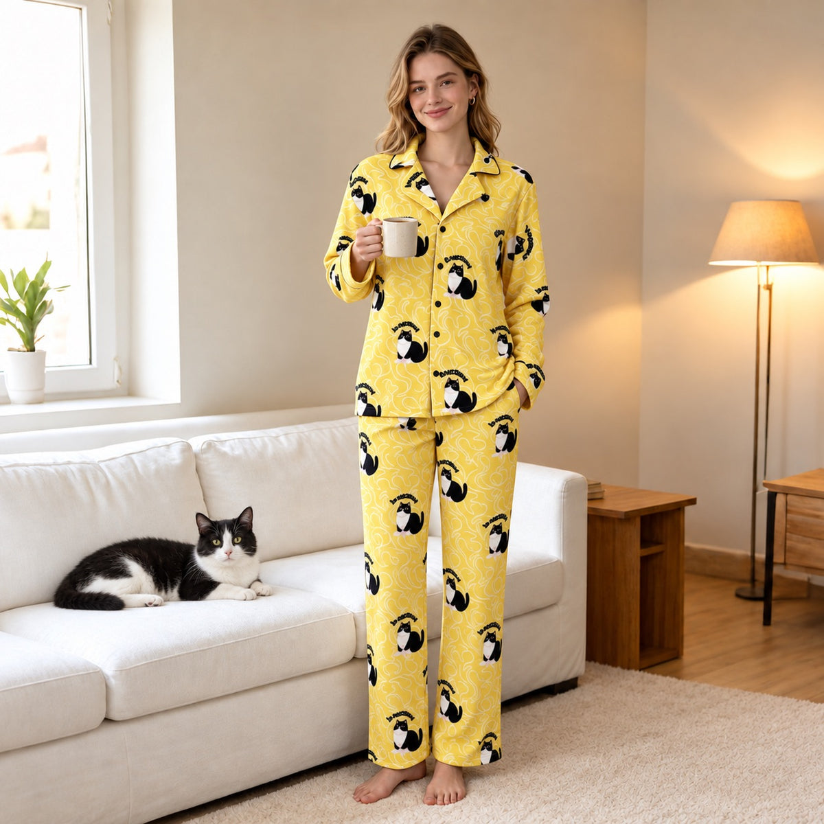Person holding a mug in yellow repeating cat portrait pajamas beside a tuxedo cat on a sofa