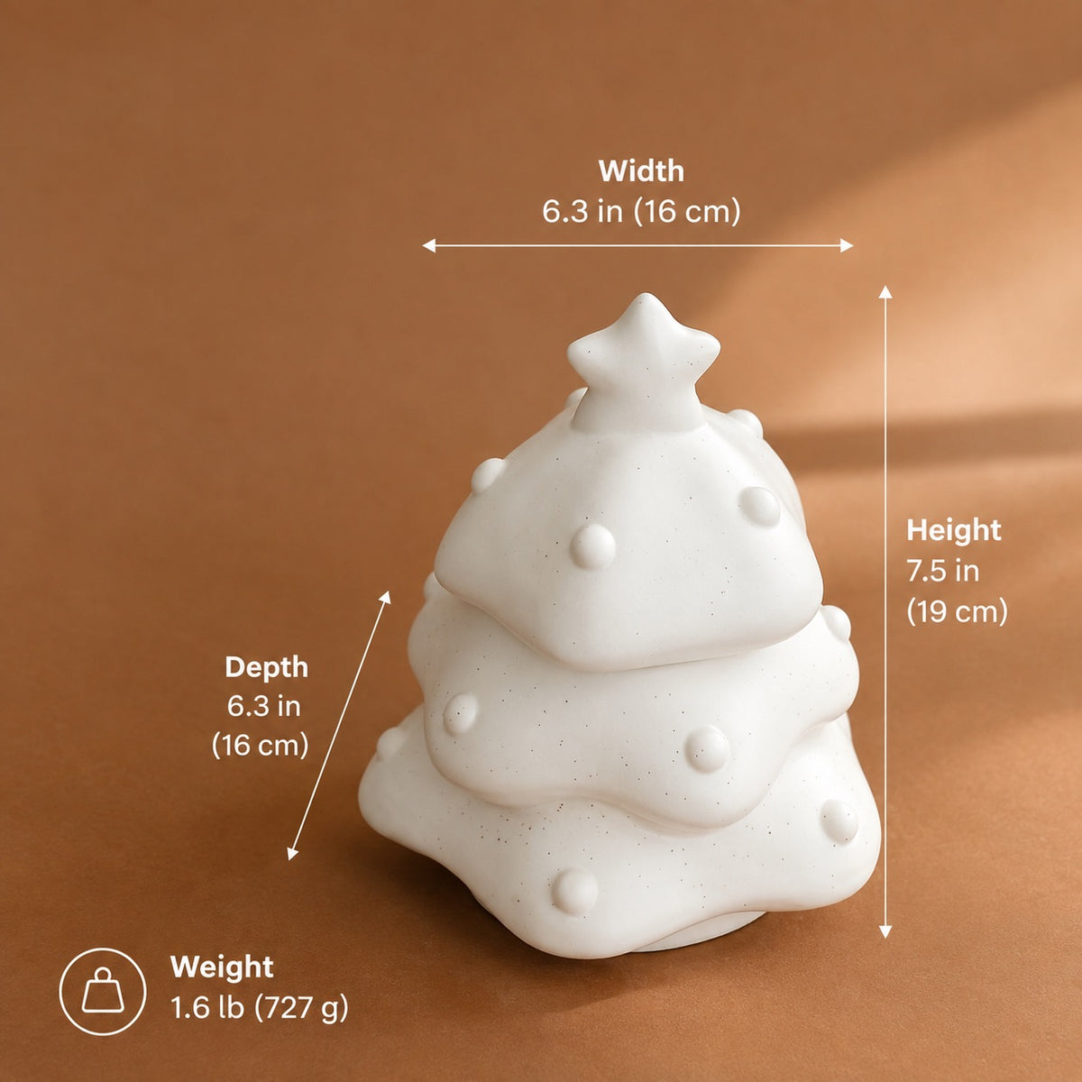 Tree-shaped pet urn size guide showing 6.3 inch width and depth, 7.5 inch height and 1.6 pound weight