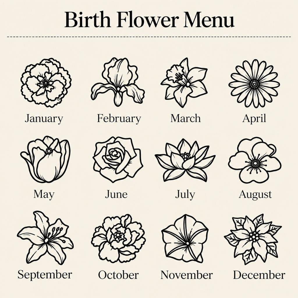 Chart showing twelve flower designs available from January through December