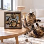 Two long-haired tabby cats beside a framed relief artwork showing two cats and a round cat bed