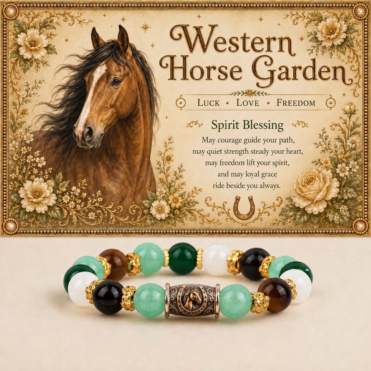 Western horse portrait bracelet with green, white, black and brown beads beneath floral horse artwork