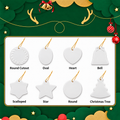 Eight white ceramic ornament blanks with gold-colored hanging cords: cutout round, oval, heart, bell, snowflake, star, round, and tree