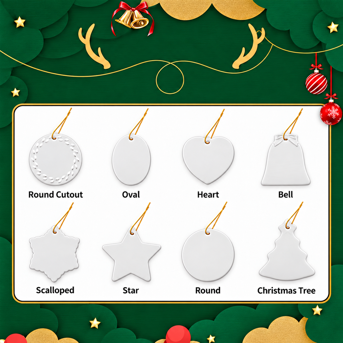 Eight white ceramic ornament blanks with gold-colored hanging cords: cutout round, oval, heart, bell, snowflake, star, round, and tree