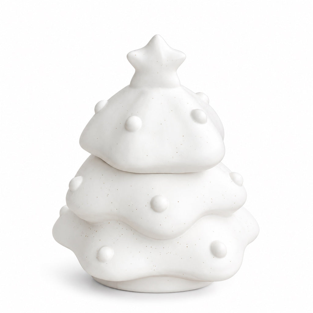 White tree-shaped pet memorial urn with layered branches, round ornaments and a star topper