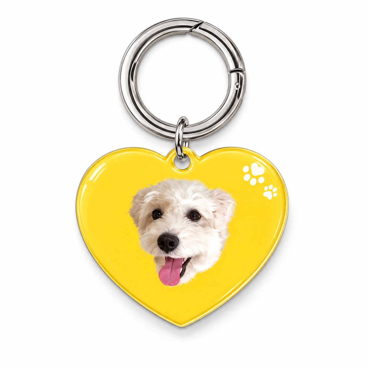 Yellow heart-shaped acrylic dog tag with a custom white dog portrait and silver-tone ring